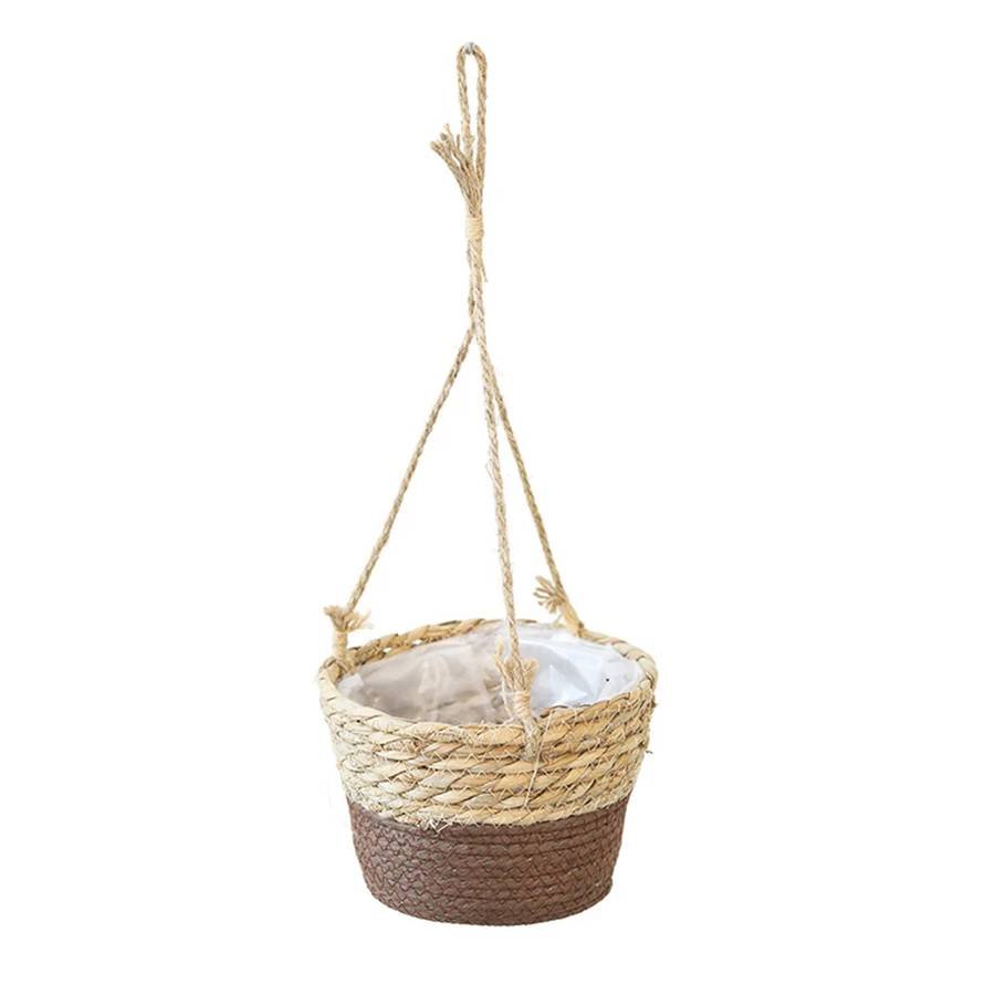 1PC Straw Hanging Basket Planter Twine Woven Flower Basket R