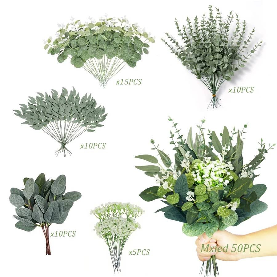 50/90PCS Artificial Flowers Bouquets Mixed Eucalyptus Leaves